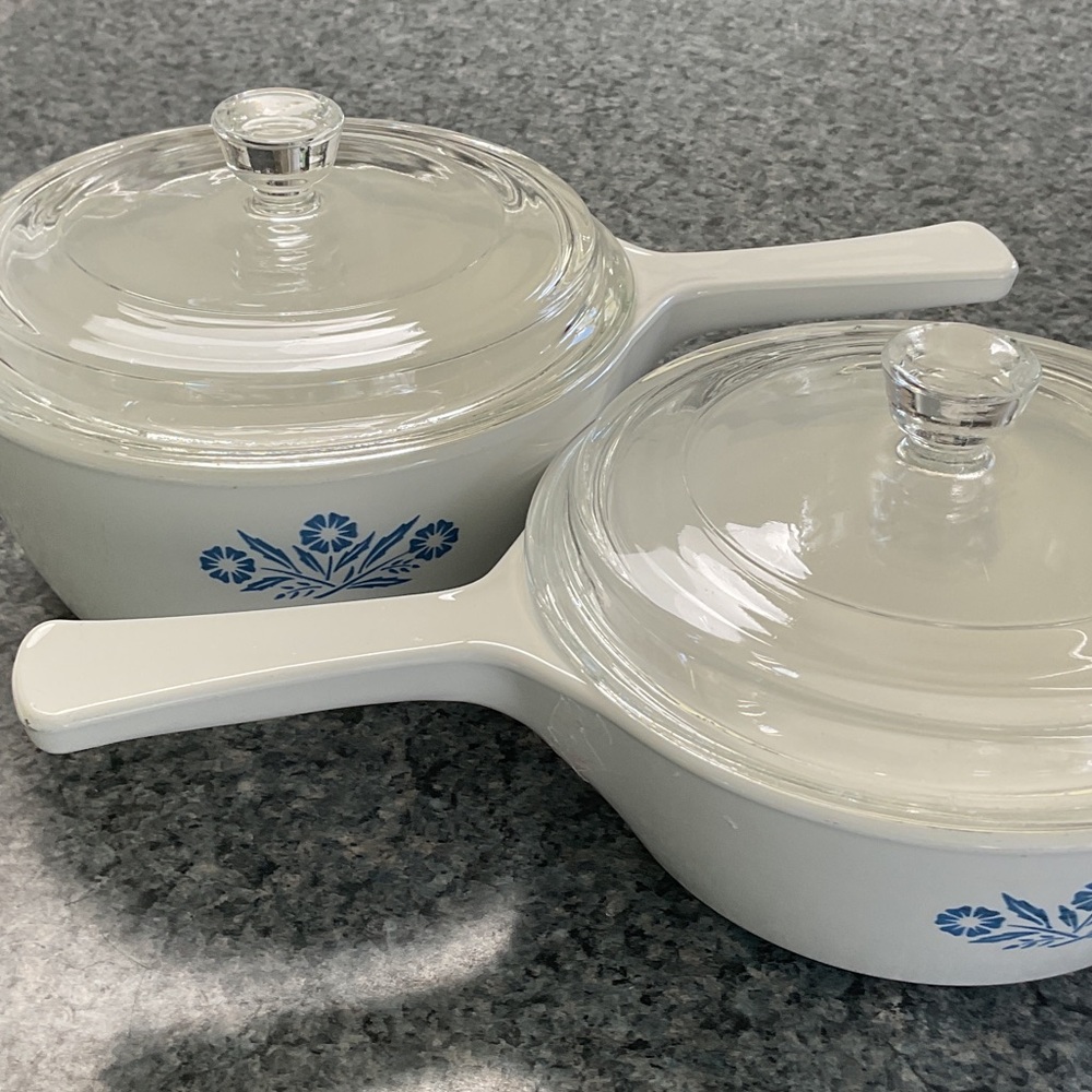 Two vintage Corning Ware covered sauce pans. 1966